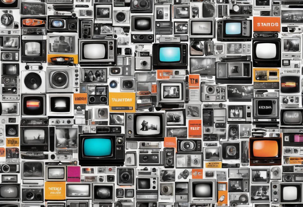 A vibrant collage showcasing the evolution of entertainment, featuring vintage televisions, modern streaming devices, and iconic movie posters. Include elements representing different eras such as black and white films, colorful streaming interfaces, and audience reactions. Highlight diverse genres like drama, comedy, and sci-fi with a dynamic background depicting a timeline of entertainment trends. super-realistic. vibrant colors. white background.