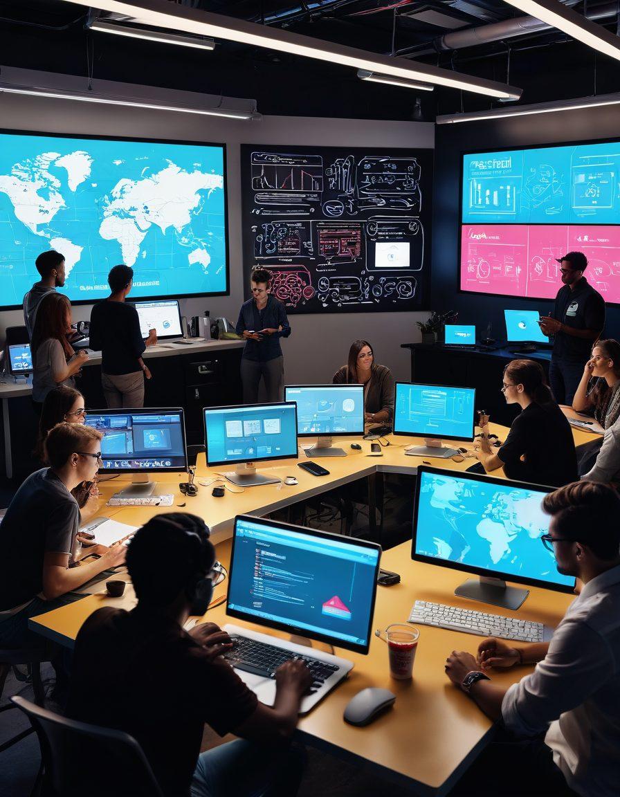 A dynamic composition showcasing a diverse group of content creators engaged in various media activities, such as filming with cameras, editing on laptops, and brainstorming ideas on a digital whiteboard. Surround them with vibrant digital screens displaying social media icons, charts, and video thumbnails, symbolizing the media landscape. Soft neon lighting adds a contemporary feel, while a blend of modern and vintage elements reflects the evolution of content creation. super-realistic. vibrant colors. 3D.