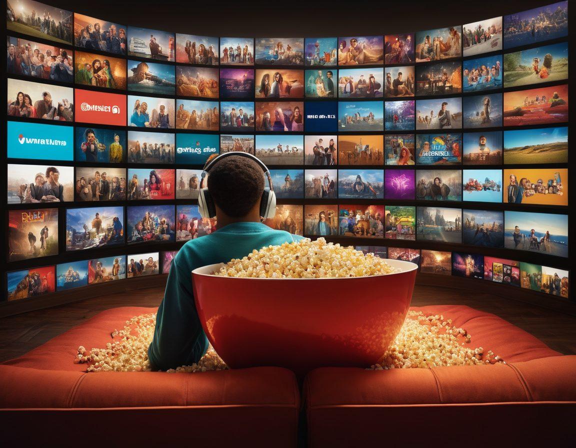 A dynamic collage showcasing diverse individuals enjoying various streaming services on different devices, like smart TVs, tablets, and smartphones, with vibrant streaming graphics illustrating popular shows and movies bursting forth. The backdrop features a colorful digital world, emphasizing connection and engagement, with symbols of entertainment like popcorn and headphones. A warm, inviting atmosphere emanates from soft lighting effects. super-realistic. vibrant colors. 3D.